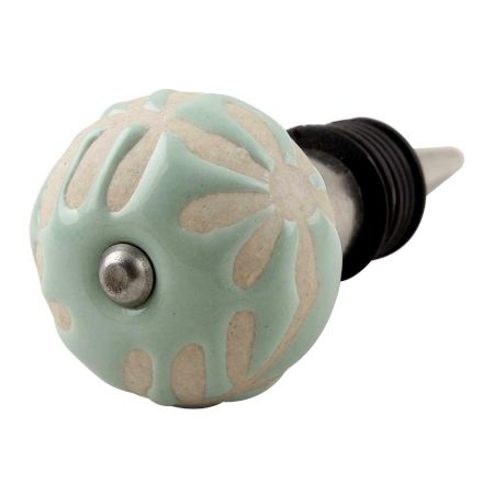 Sage Green Etched Ceramic Floral Wine Stopper